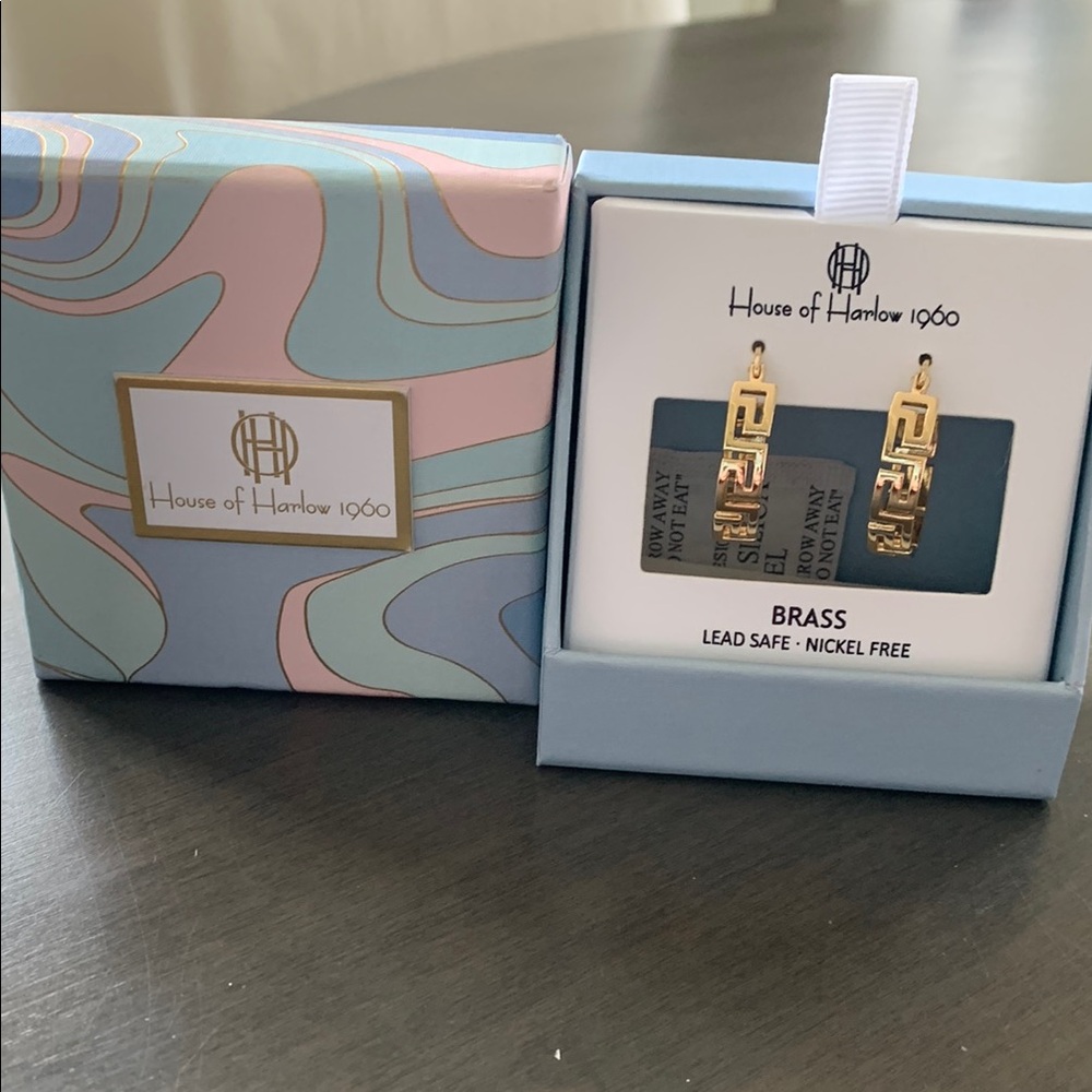 House of Harlow 1960 Gold Greek Key Drop Earrings with Branded Box